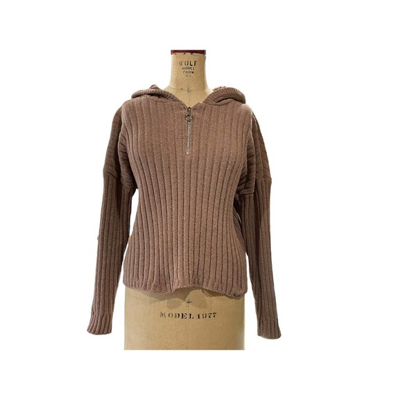 Pink Republic Womens Chenille Hoodie Sweater Brown Ribbed Knit Quarter Zip XL - Picture 1 of 10